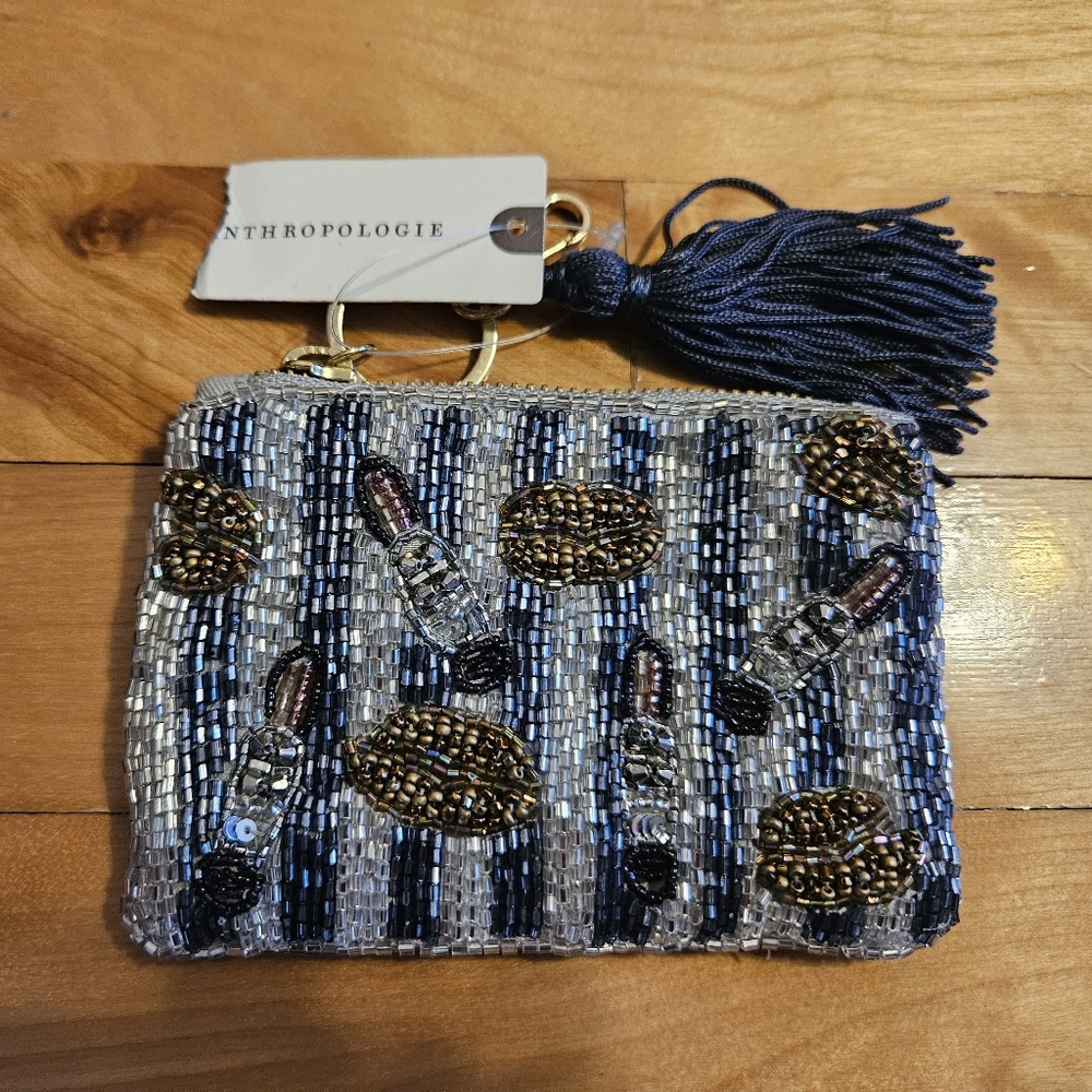 Anthropologie Zippered Coin Purse With Key Ring, Fancy Tassel